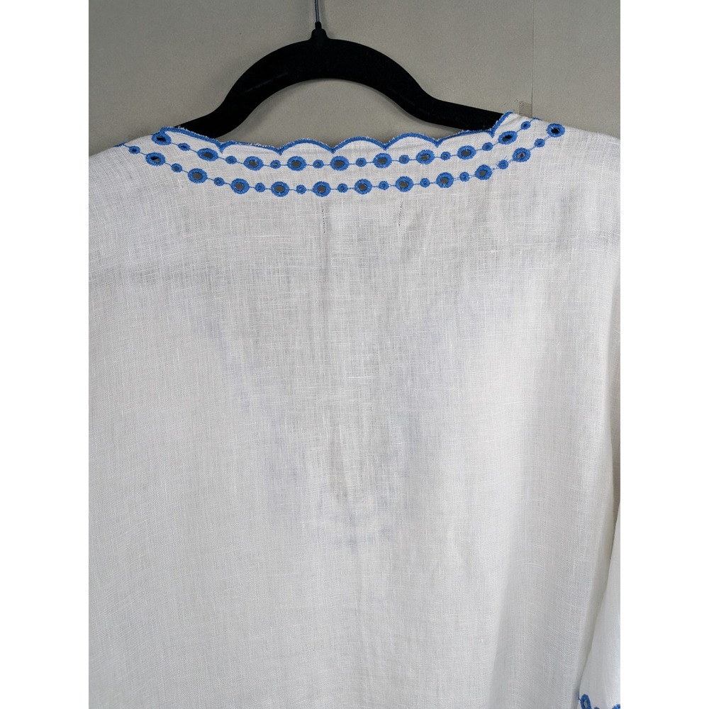 J. Crew Womens Bungalow Linen Embroidered Top Sz M White Blue Boho Cottagecore - Picture 9 of 11